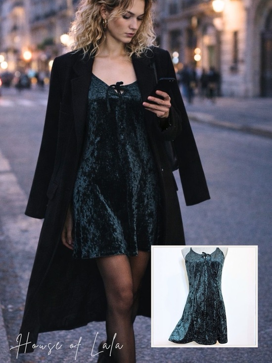 Vintage Dresses & Skirts - Vintage 90s Crushed Velvet Slip Dress Forest Green Rockstar Chic Mini Dress